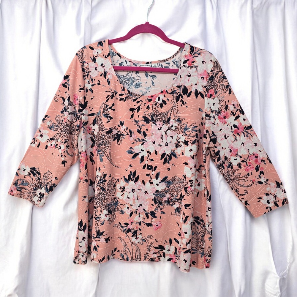 Croftโ Barrow Floral Print Blouse 3/4 Sleeve Top Woman XXL Pink Casual Comfort